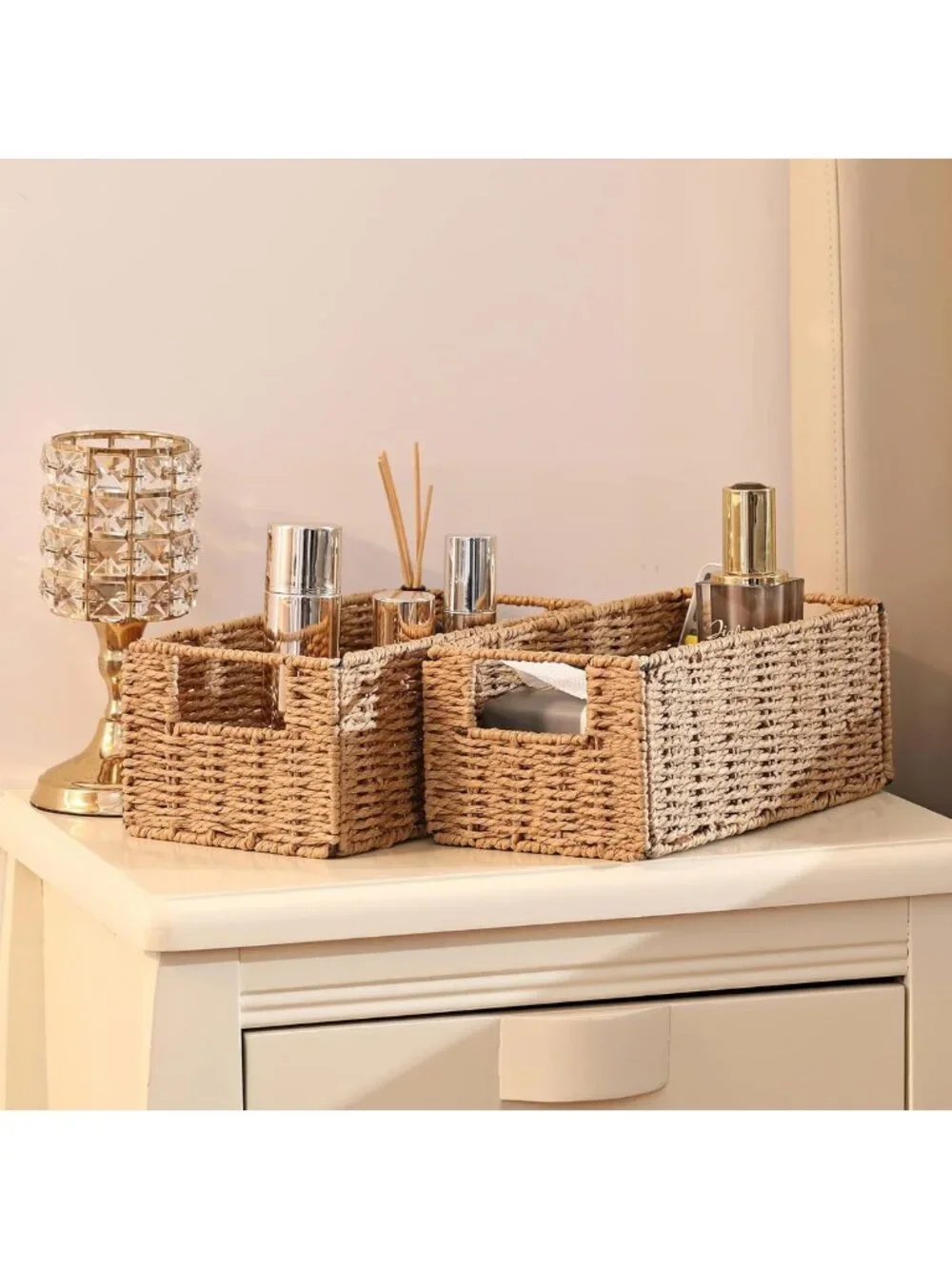 Hand-Woven Wicker Storage Baskets Set of 2 | Small Organizing Bins for Home